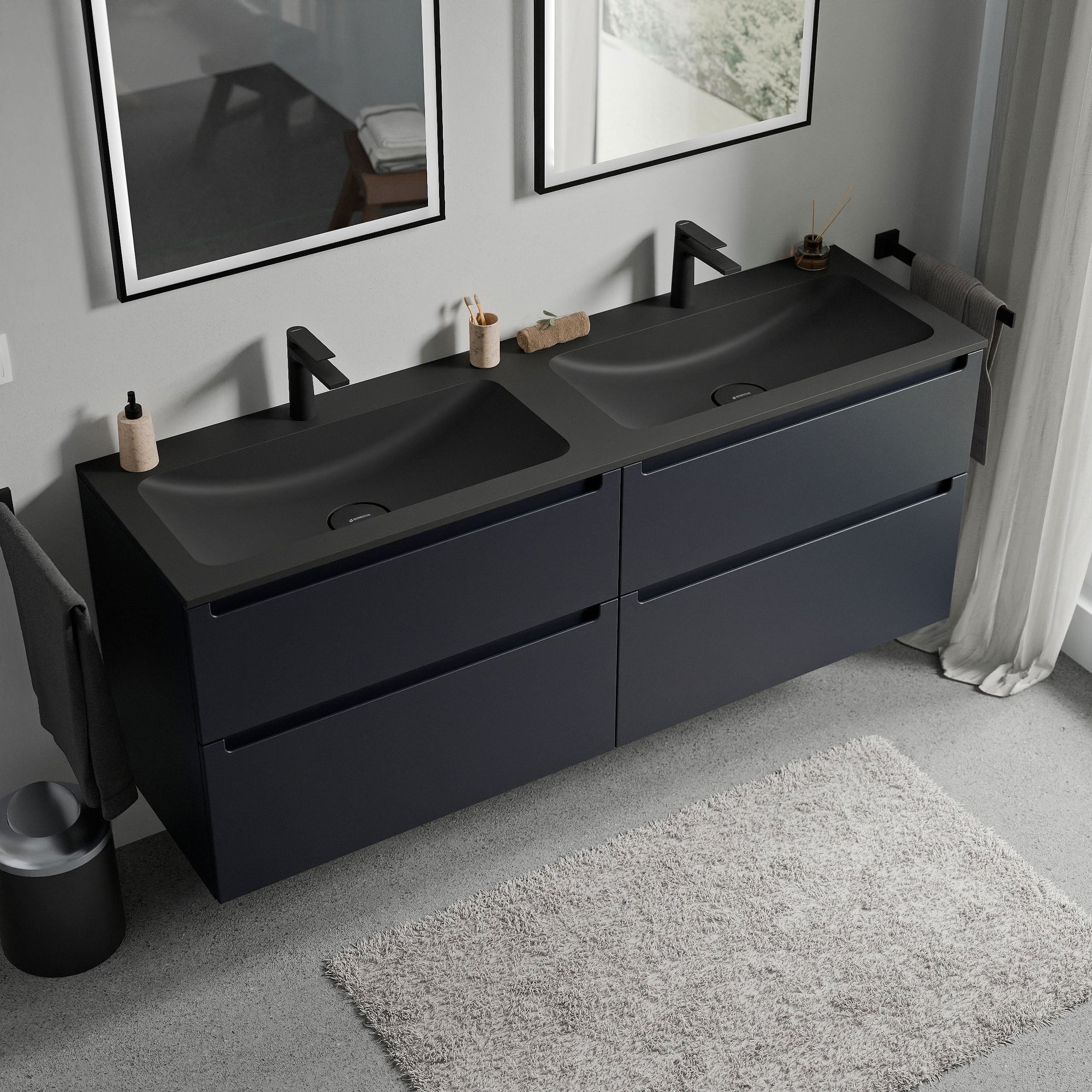 Meuble salle de bain VIREO 160 cm - avec vasque en fonte minérale CREAM - couleur au choix