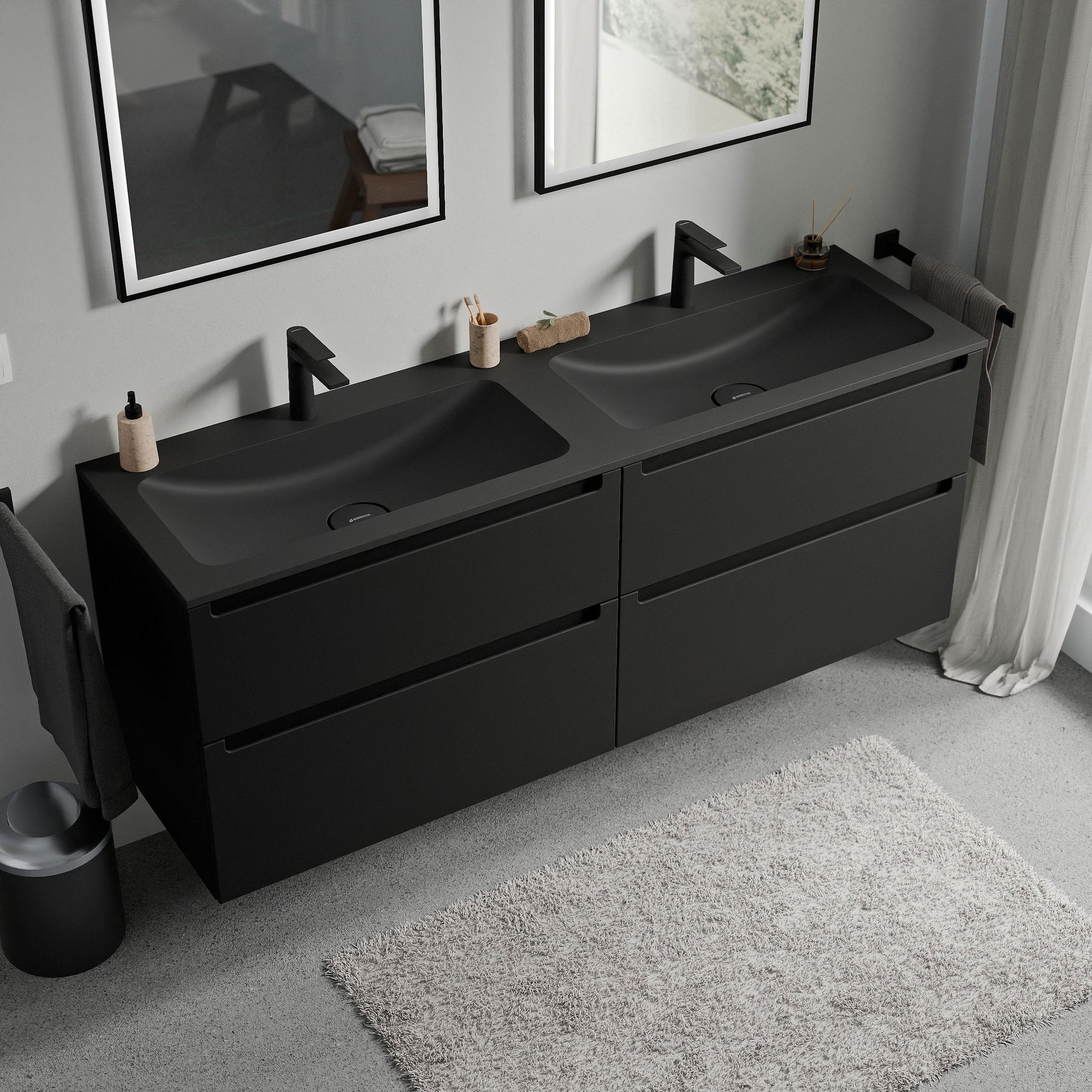 Meuble salle de bain VIREO 160 cm - avec vasque en fonte minérale CREAM - couleur au choix