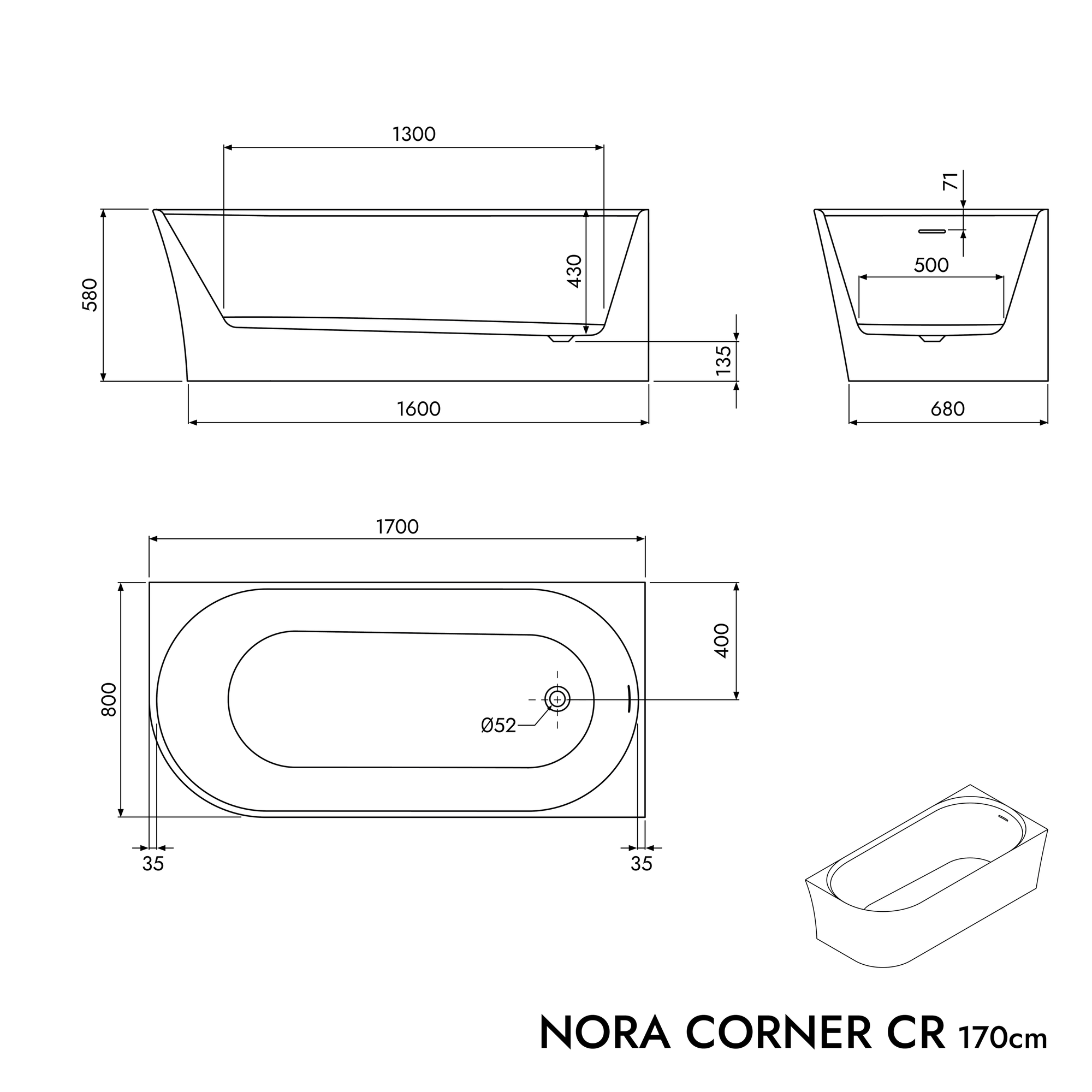 Baignoire d'angle semi-îlot NORA CORNER acrylique blanc mat