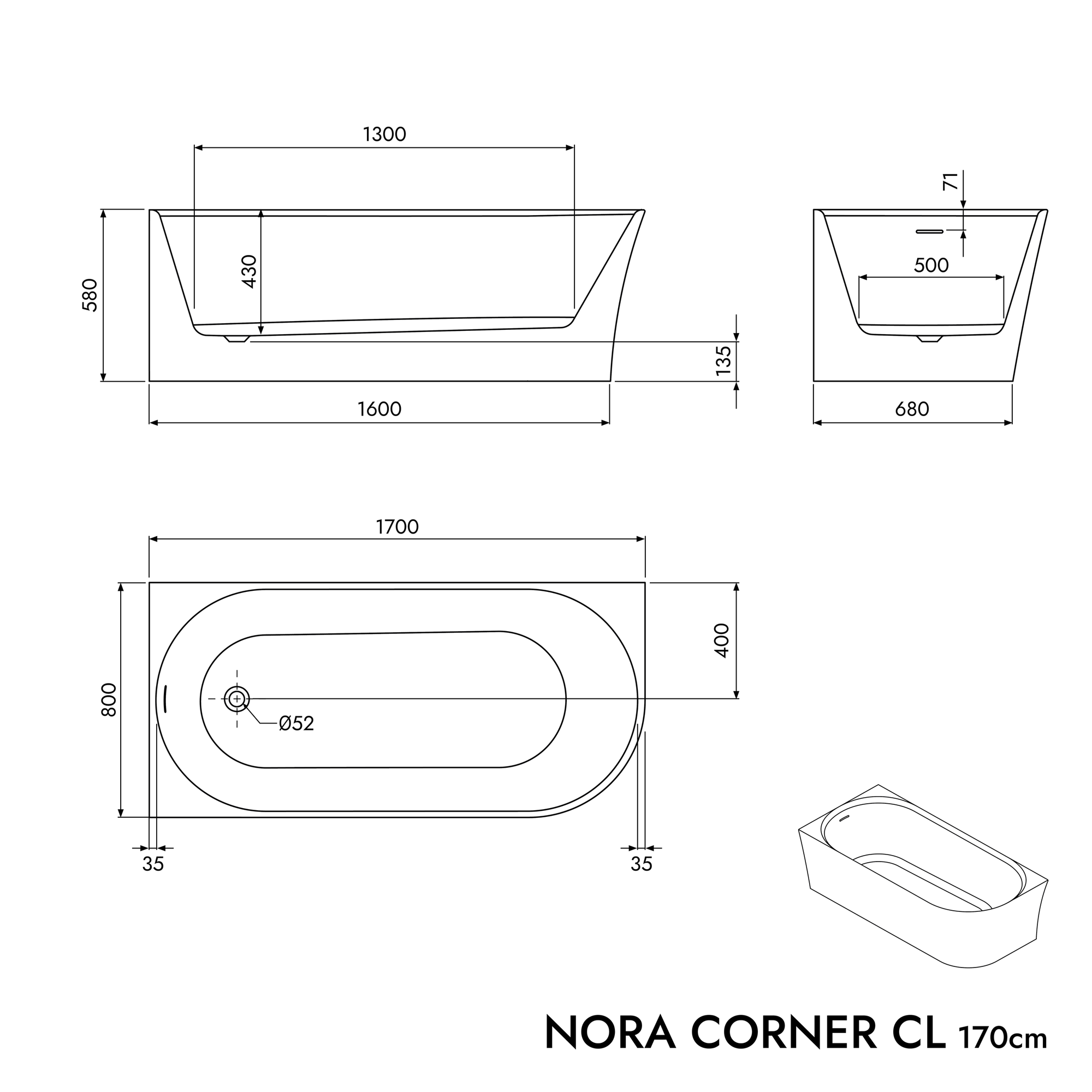 Baignoire d'angle semi-îlot NORA CORNER - Acrylique