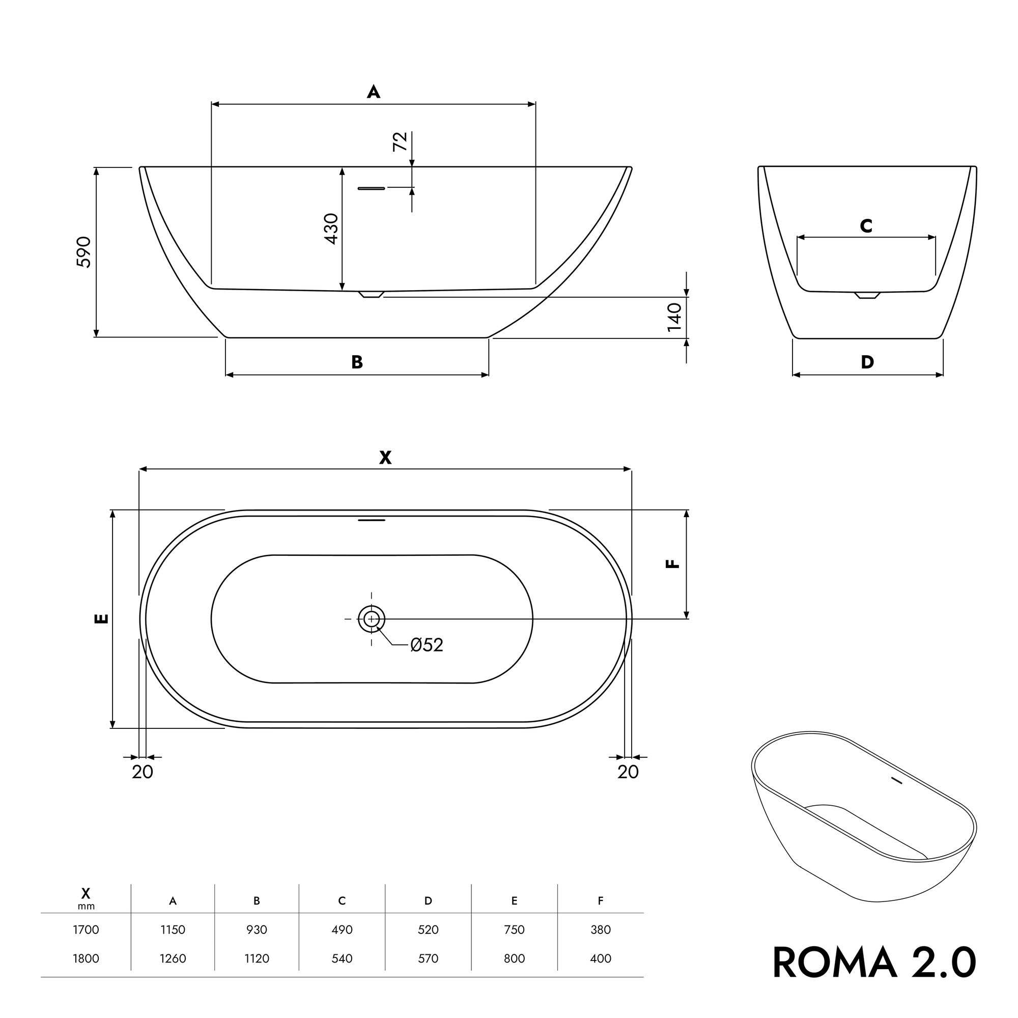 Baignoire ilot ROMA 2.0 - Acrylique