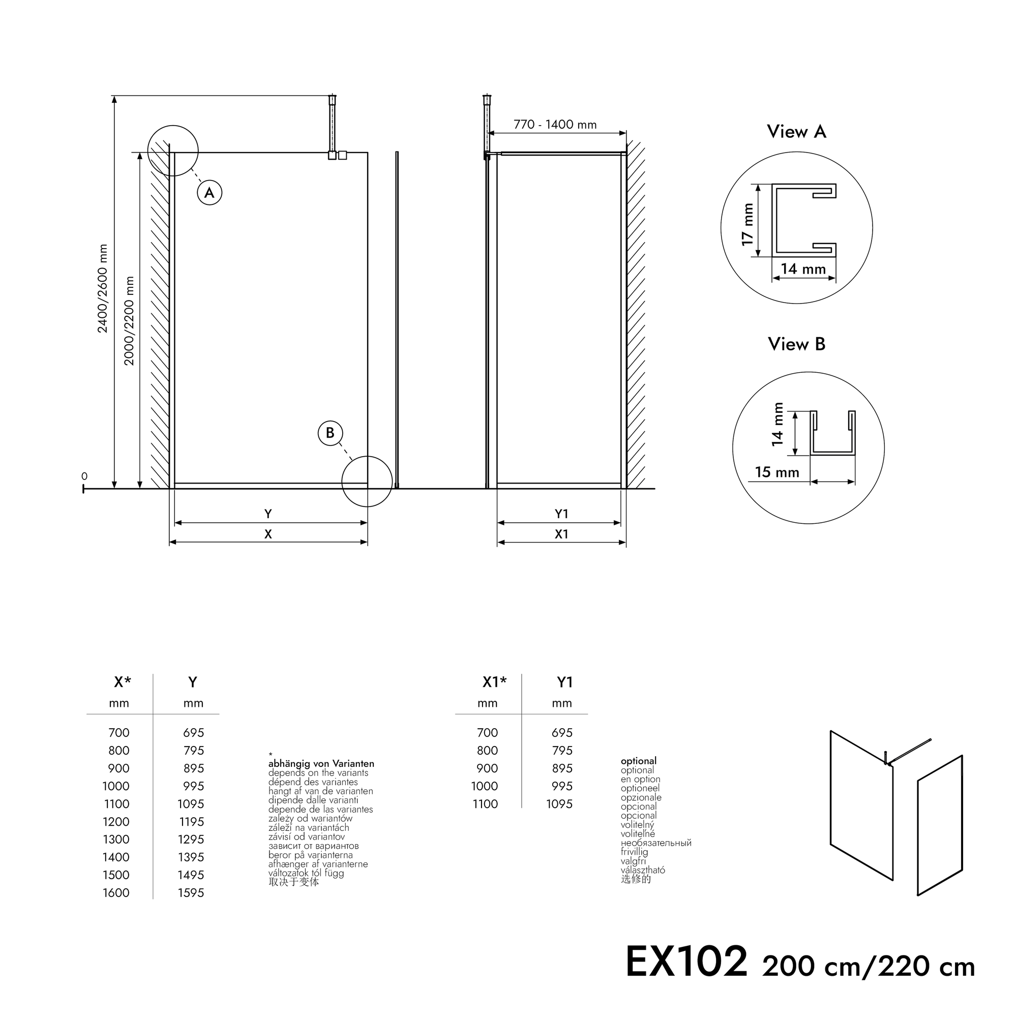 Paroi de douche à l'italienne EX102 - Verre nano 10 mm gris fumé