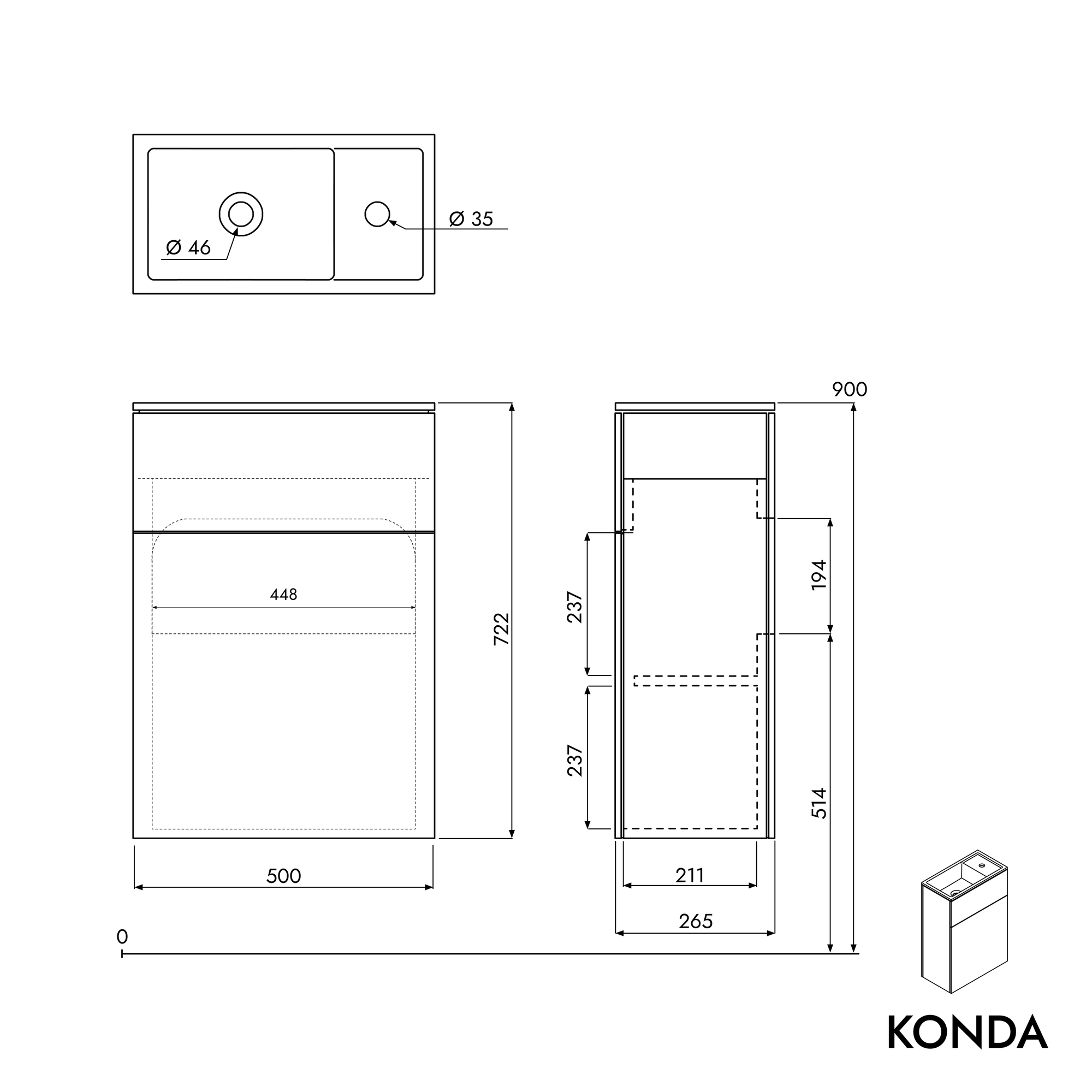 Ensemble de meubles de salle de bain KONDA 50 cm avec lavabo en marbre minéral