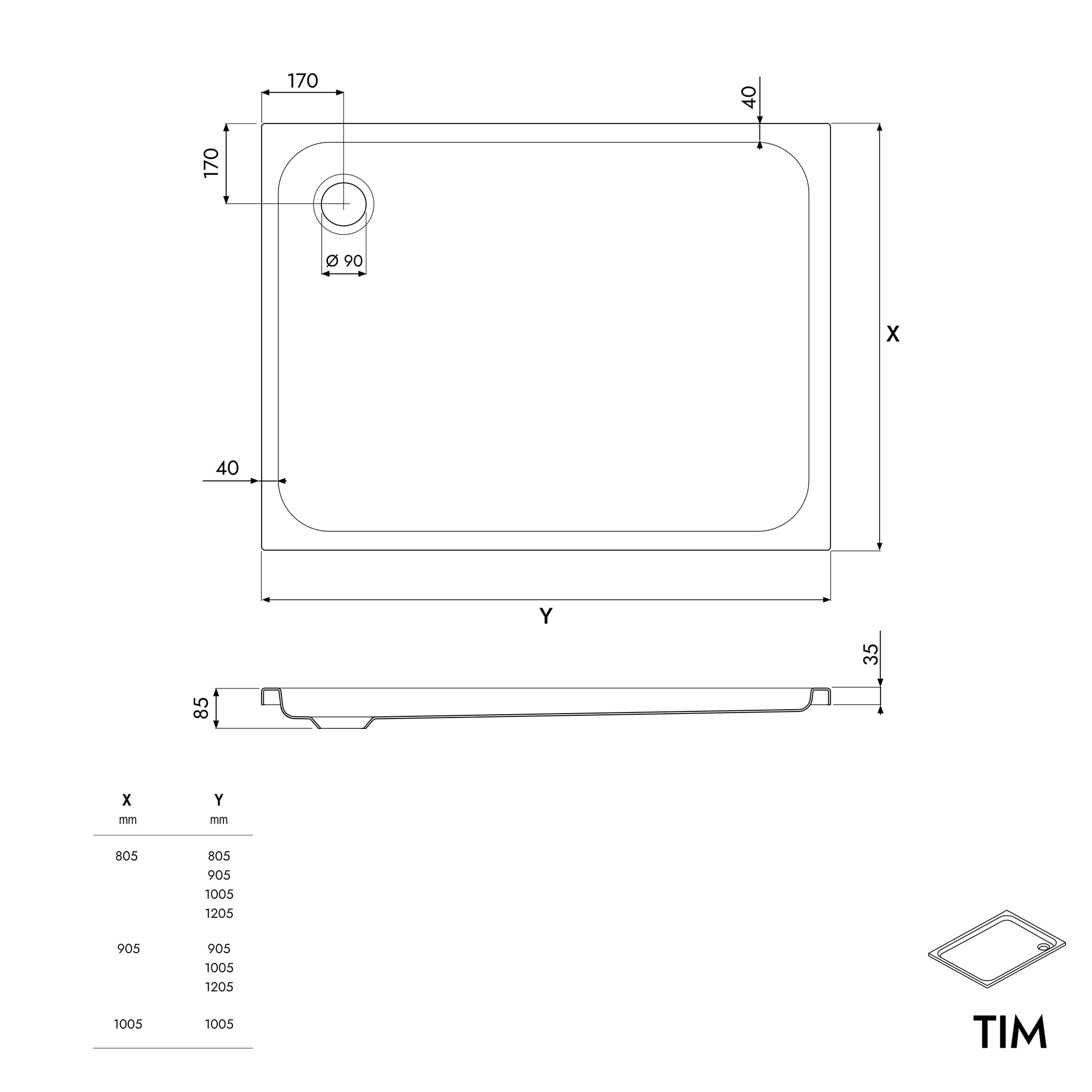 Receveur de douche plat acrylique TIM - blanc brillant - dimensions au choix